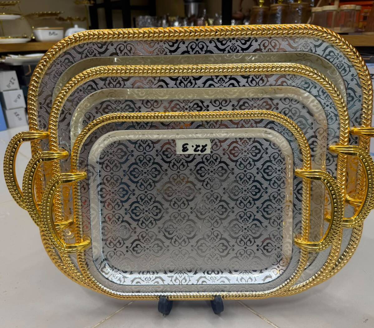 Pearl Damask 3-Piece Stainless Steel Tray Set
