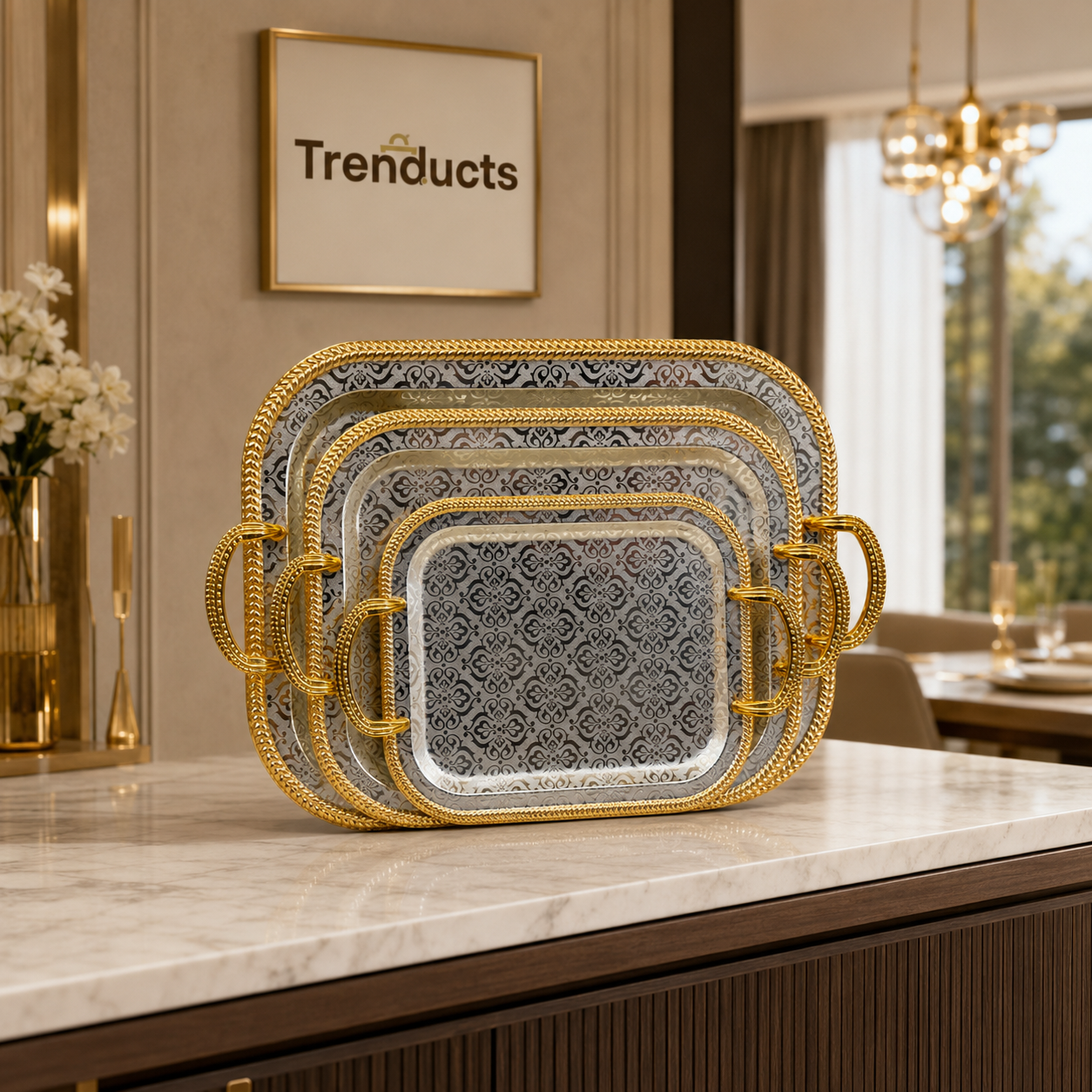 Pearl Damask 3-Piece Stainless Steel Tray Set