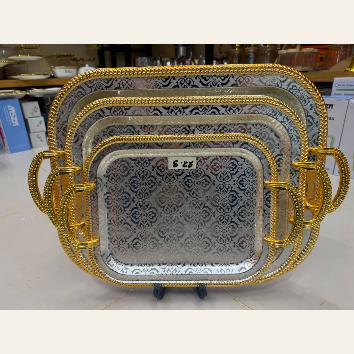 Pearl Damask 3-Piece Stainless Steel Tray Set