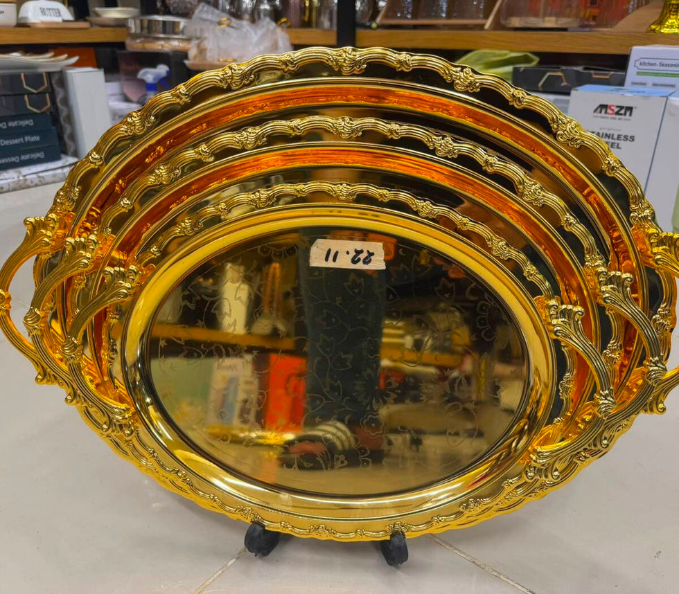 Baroque Gold Oval 3-Piece Steel Tray Set