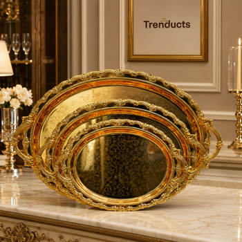 Baroque Gold Oval 3-piece steel tray set with Trenducts branding