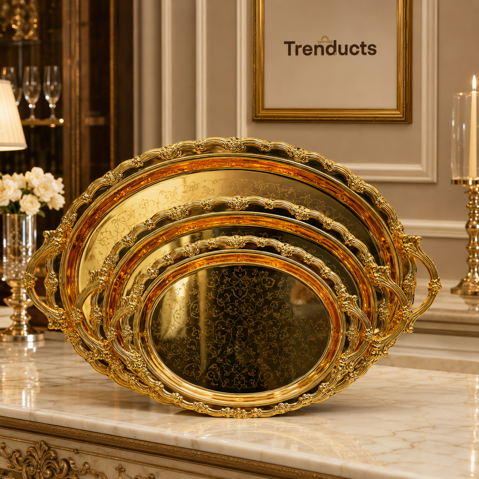 Baroque Gold Oval 3-Piece Steel Tray Set