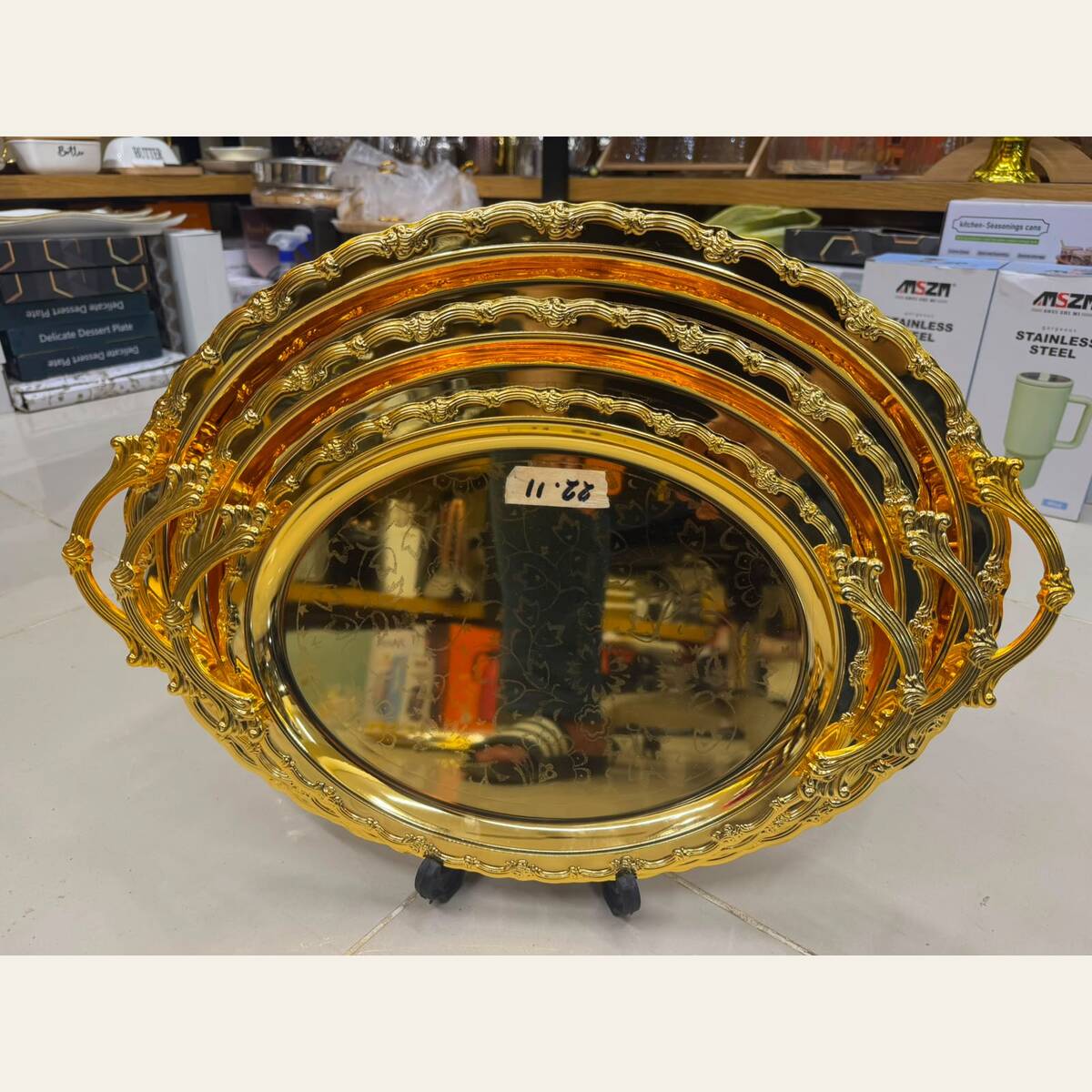 Baroque Gold Oval 3-Piece Steel Tray Set