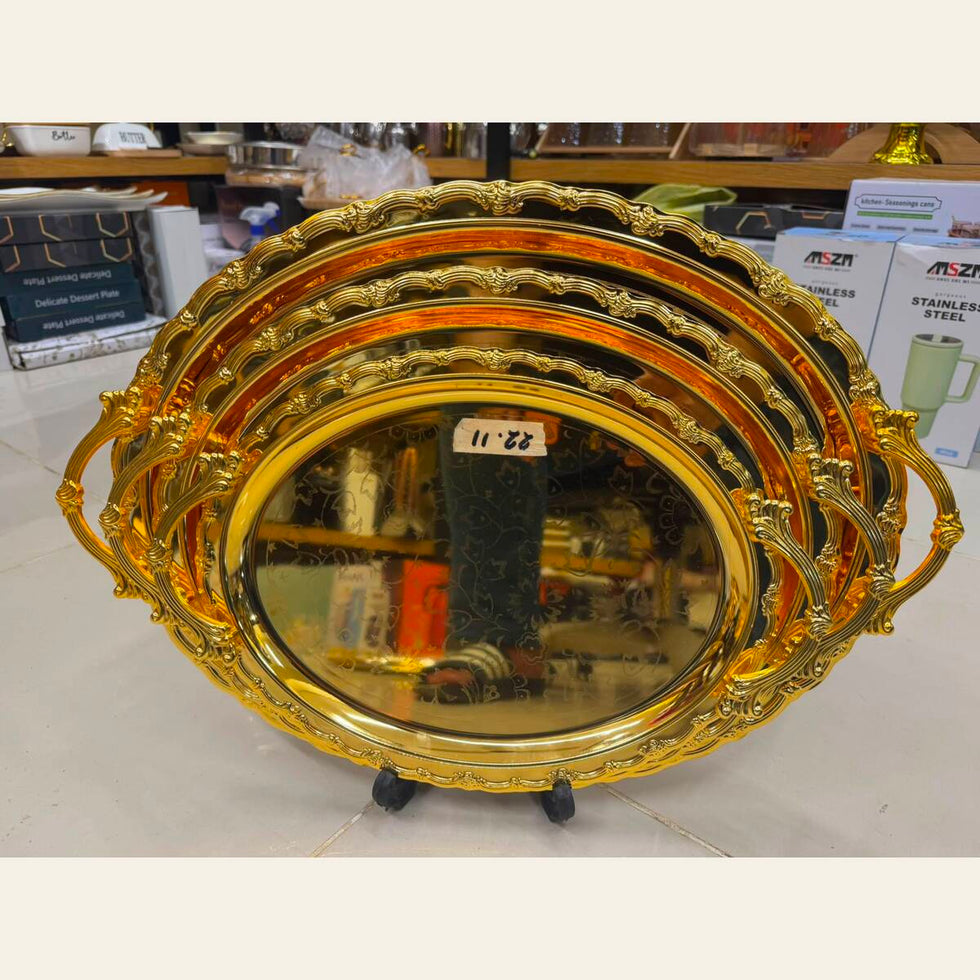 Baroque Gold Oval 3-Piece Steel Tray Set