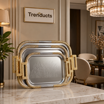 Etched Leaf 3-piece stainless steel tray set with Trenducts branding