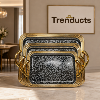 Mosaic Noir 3-piece stainless steel tray set with Trenducts branding