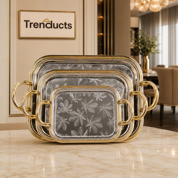 Botanical Leaf 3-piece steel tray set with Trenducts branding