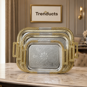 Embossed Medallion 3-piece steel tray set with Trenducts branding