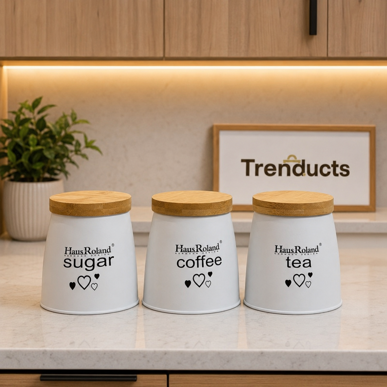 Haus Roland White Heart Tea, Coffee & Sugar Canister Set – 3 Pieces