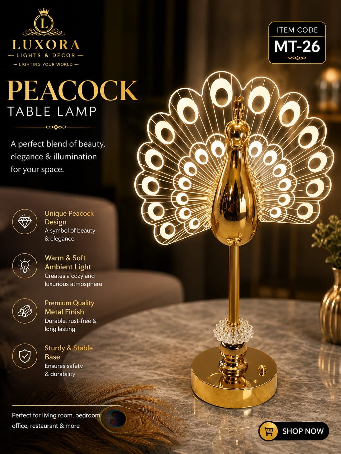 Luxury Peacock Crystal Table Lamp