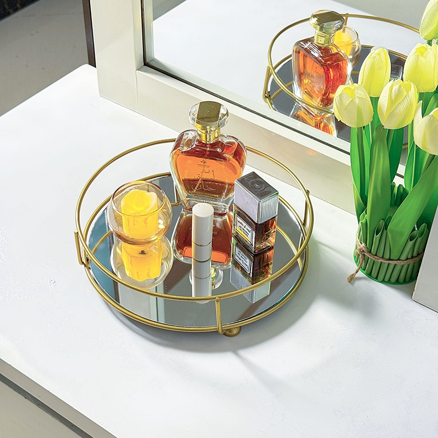 Glassy Golden Luxury Vanity Display Tray with Mirror Base