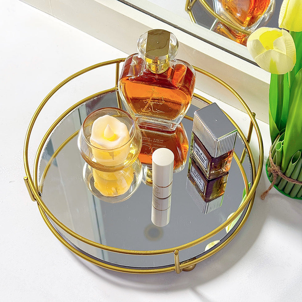 Glassy Golden Luxury Vanity Display Tray with Mirror Base