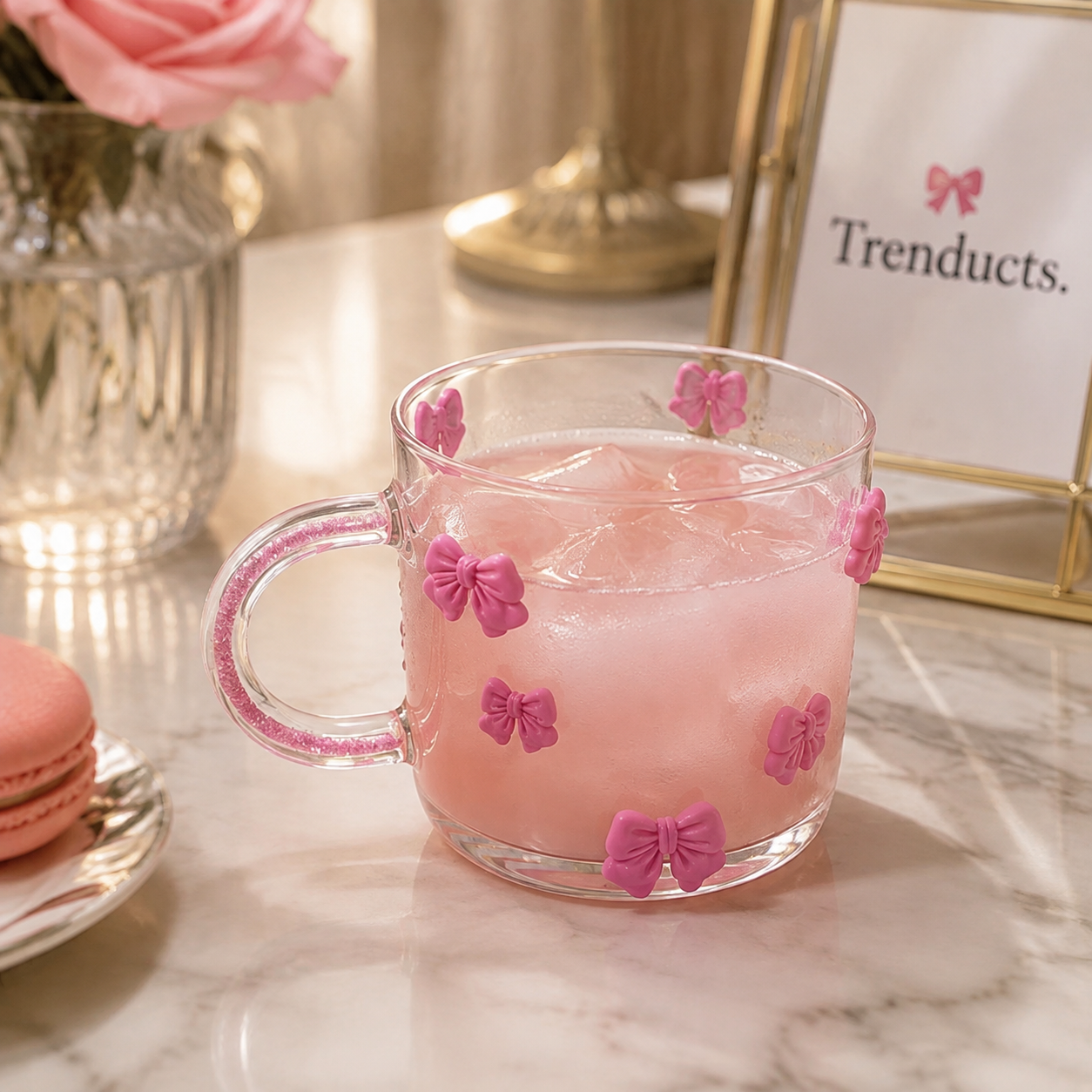 Pink Bow Design Glass Cup with Handle