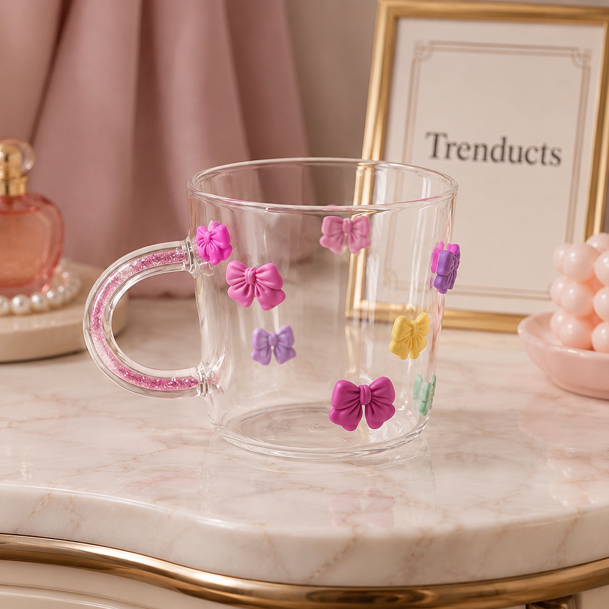 Pink Bow Design Glass Cup with Handle