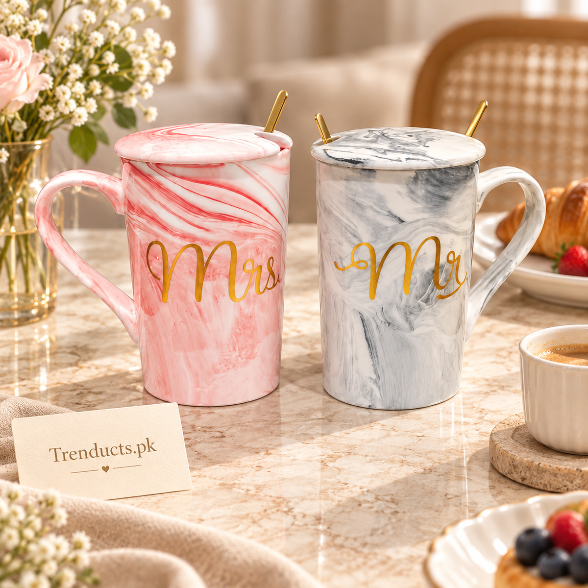 Pink & White King Queen Ceramic Couple Mug Set