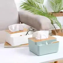 لکڑی کے ڈھکن کے منتظمین کے ساتھ پریمیم پلاسٹک ٹشو باکس