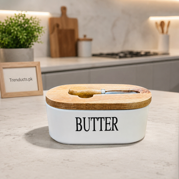 Porcelain butter dish with wood lid and fitted knife