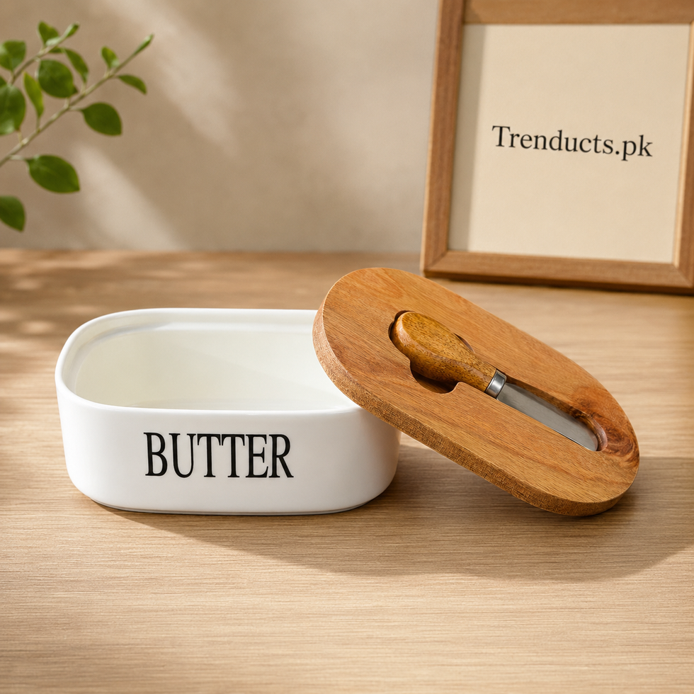 Porcelain Butter Dish with Wood Lid & Knife