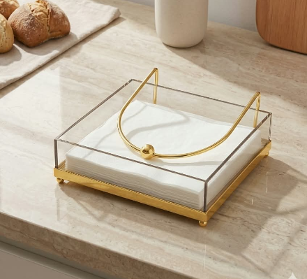 Clear Acrylic Napkin Holder with Gold Metal Stand