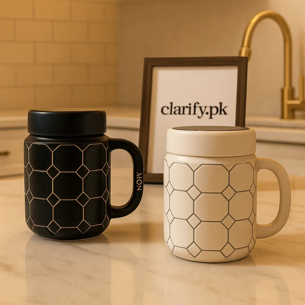 Premium Hexagon Ceramic Each Coffee Mug with Lid – Modern Tea Cup - Clarify.pk