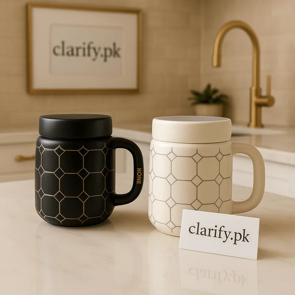 Premium Hexagon Ceramic Each Coffee Mug with Lid – Modern Tea Cup - Clarify.pk
