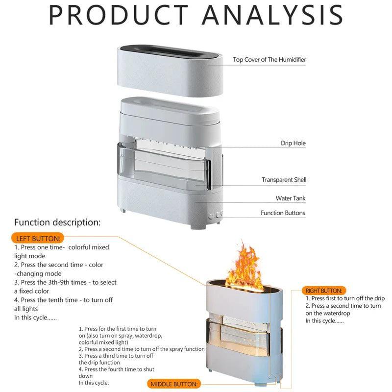 Rain Effect Humidifier with Flame LED Light - Clarify.pk