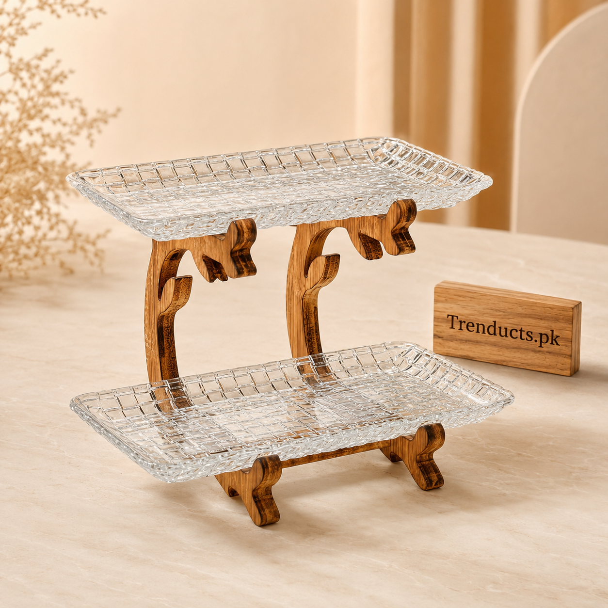 Rectangular 2-Tier Walnut Wood Serving Platter
