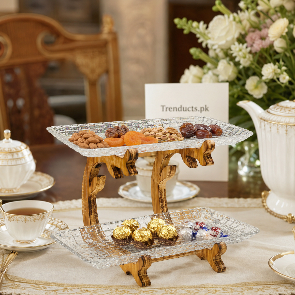 Rectangular 2-Tier Walnut Wood Serving Platter