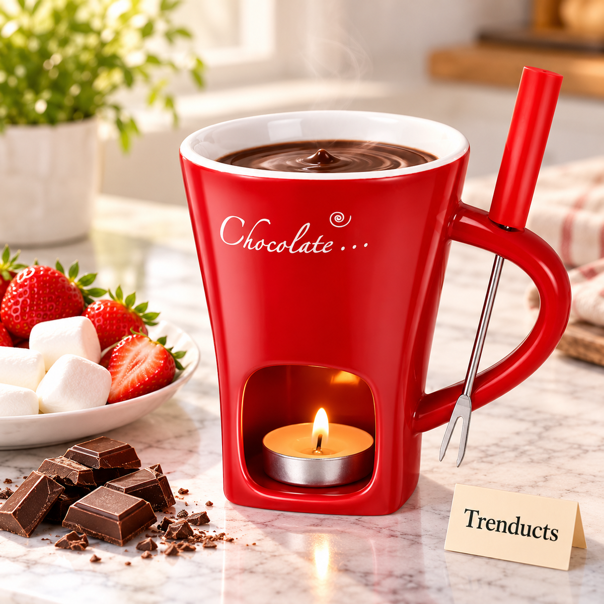 Chocolate Fondue Ceramic Mug & Melt Mug with Spoon & Candle (Random Color)