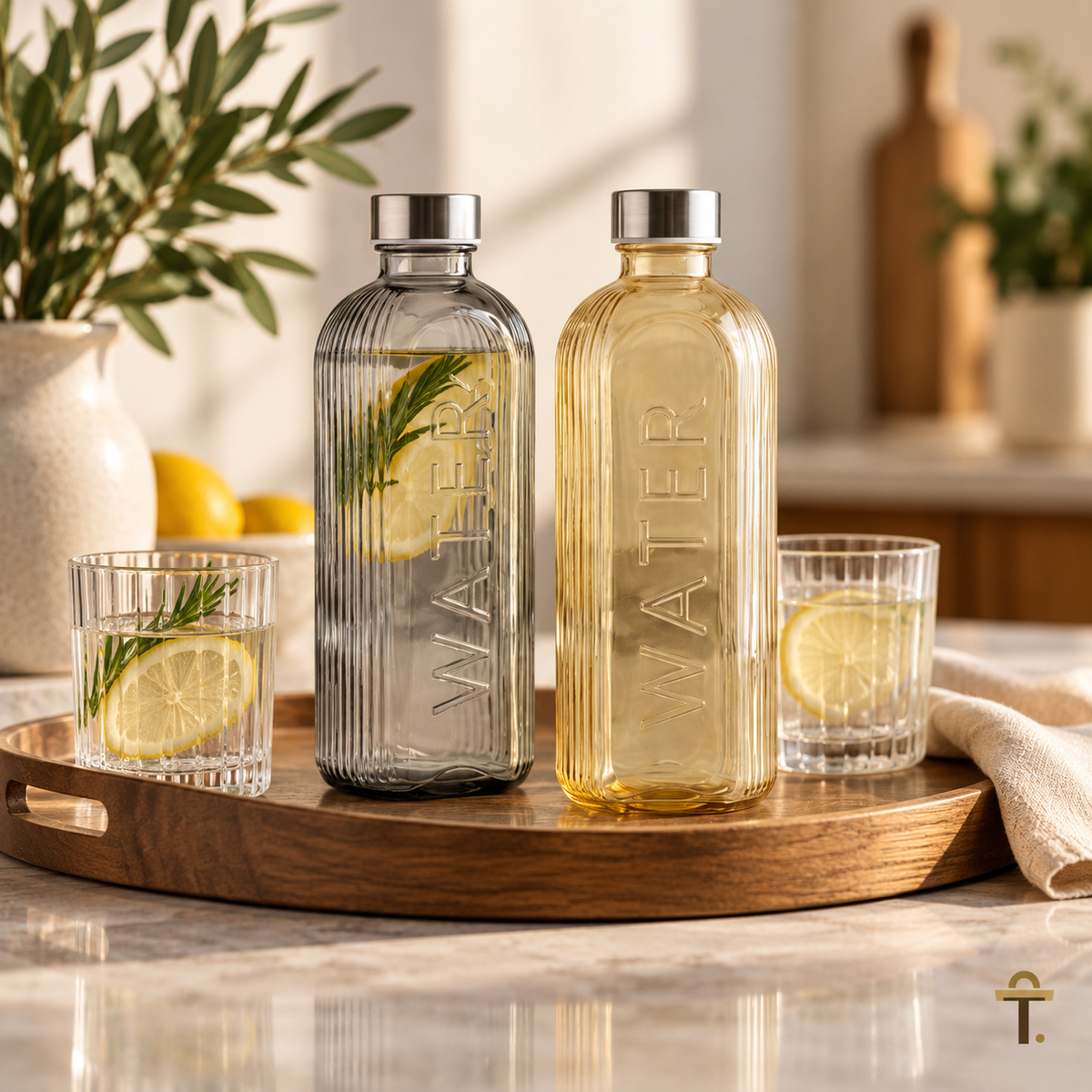 Ribbed 1100ml Glass Water Bottle with Steel Lid