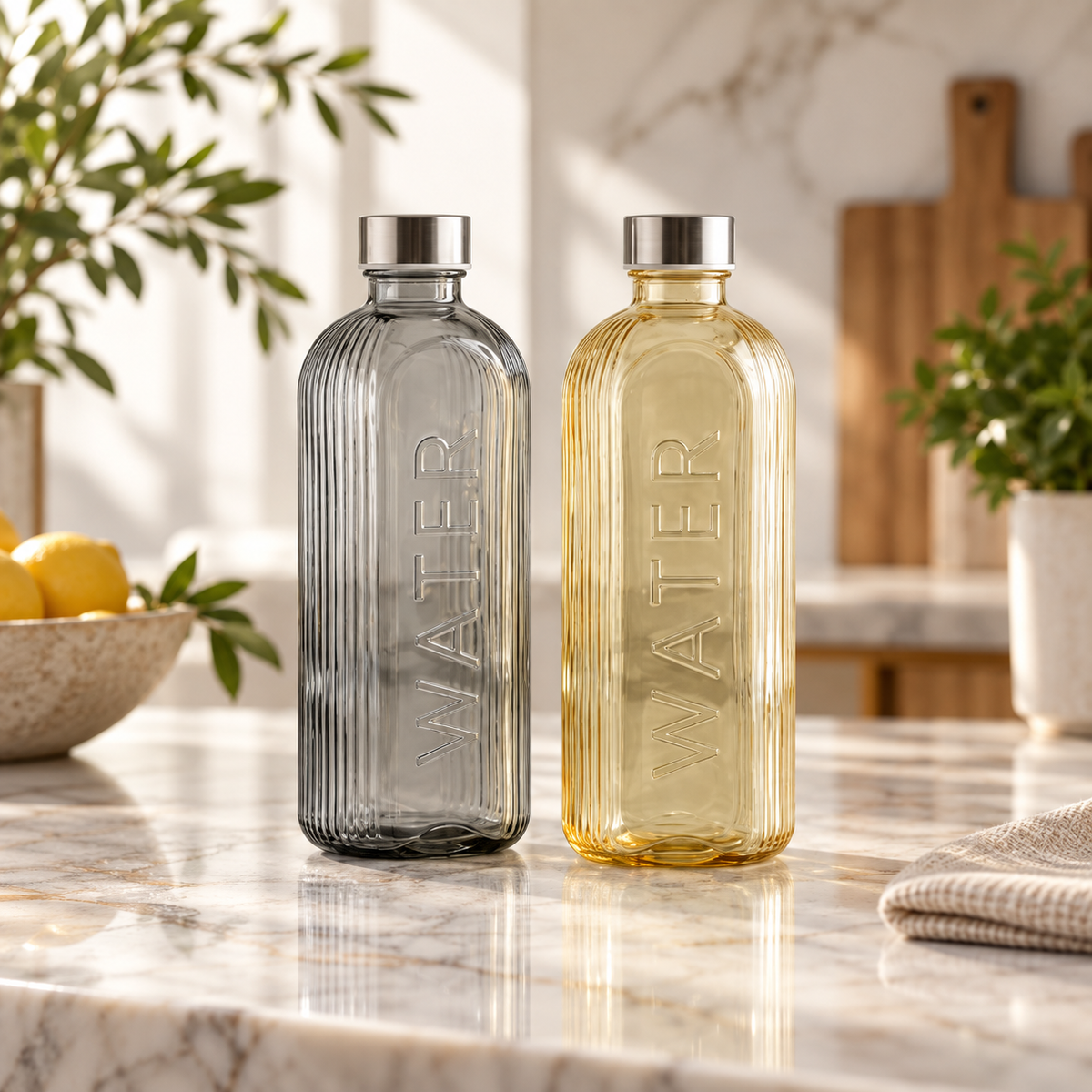 Ribbed 1100ml Glass Water Bottle with Steel Lid