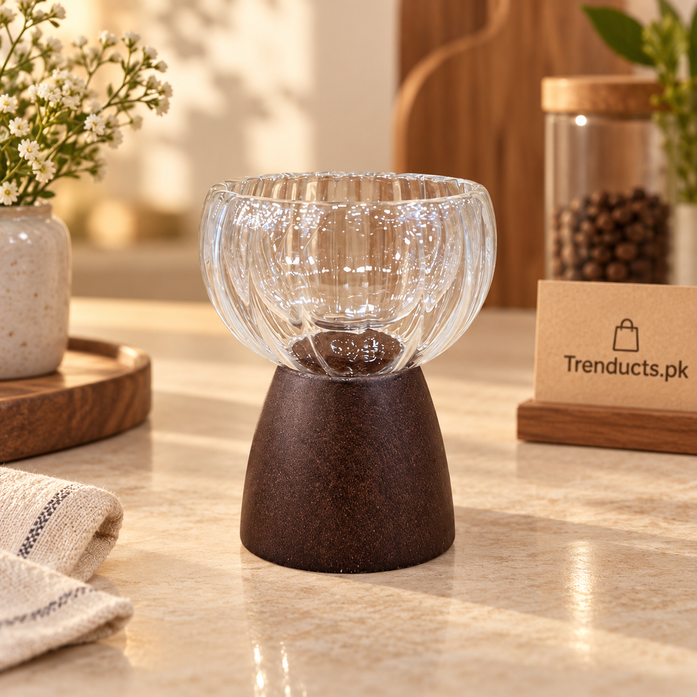 Ribbed Glass Dessert Cup with Dark Wooden Base