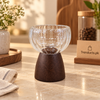 Ribbed Glass Dessert Cup with Dark Wooden Base