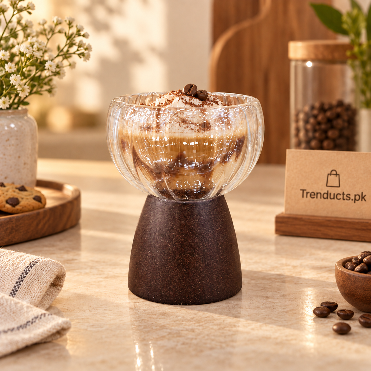 Ribbed Glass Dessert Cup with Dark Wooden Base