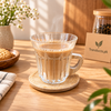 Ribbed Glass Tea Mug with Light Wooden Handle & Coaster