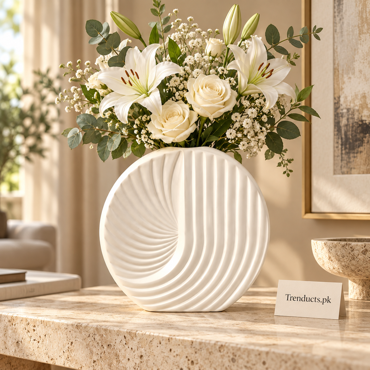 Ribbed Oval Ceramic Flower Vase