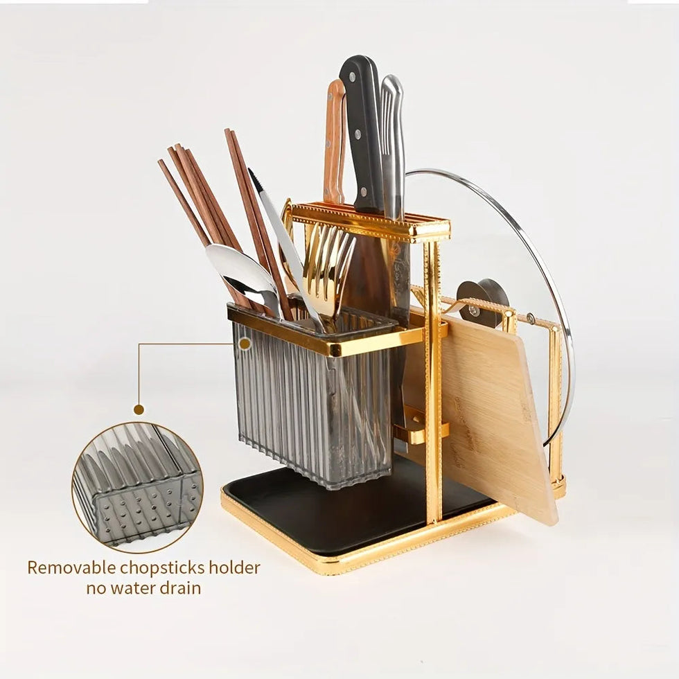 Knife & Chopsticks Rack | Gold Stainless Steel Kitchen Organizer