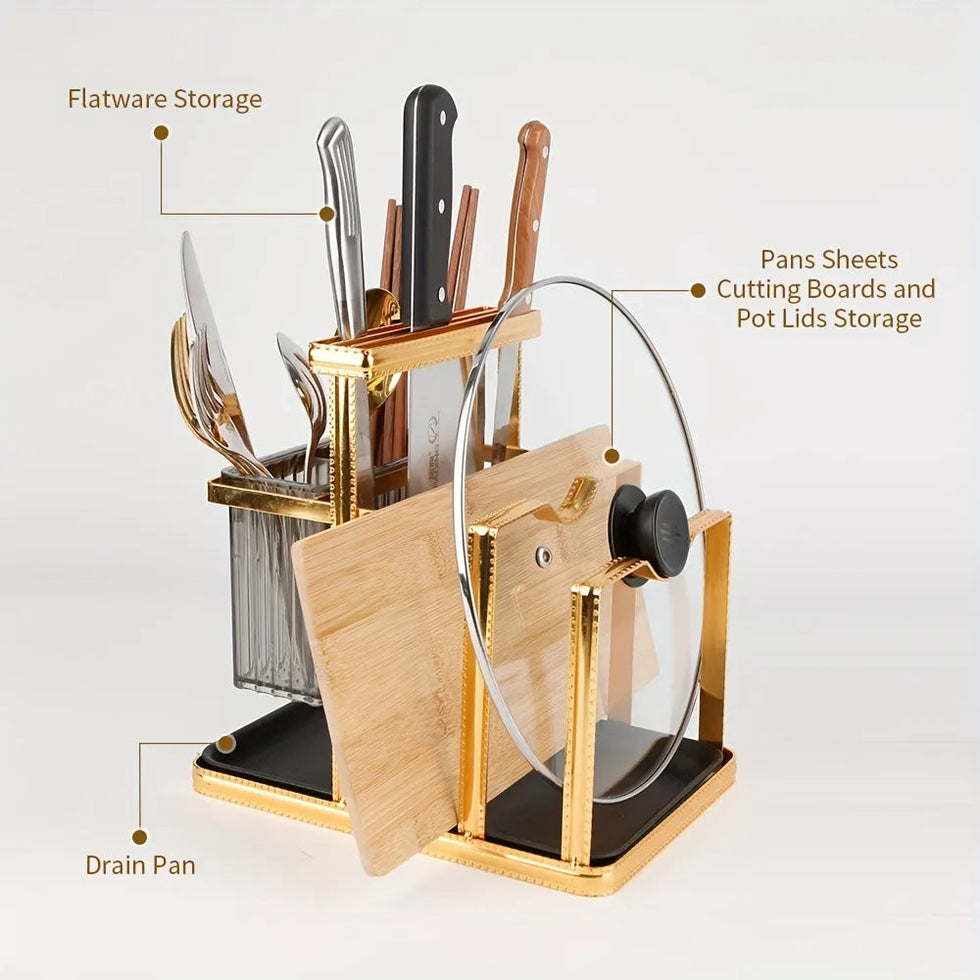 Knife & Chopsticks Rack | Gold Stainless Steel Kitchen Organizer