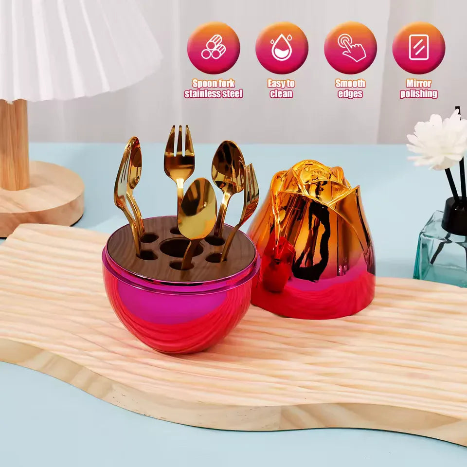 6 Piece Dinnerware Set with Case - Gold Silverware
