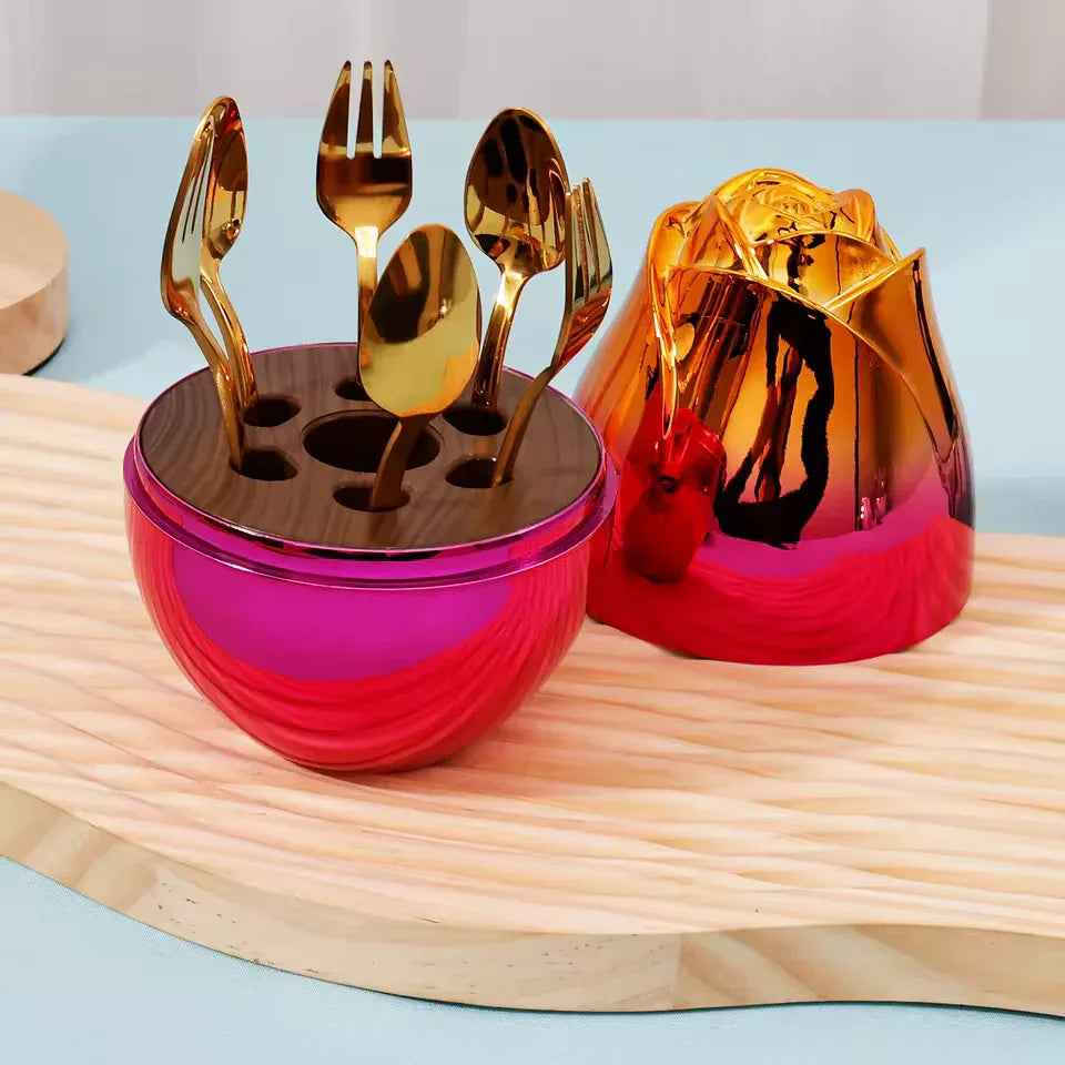 6 Piece Dinnerware Set with Case - Gold Silverware