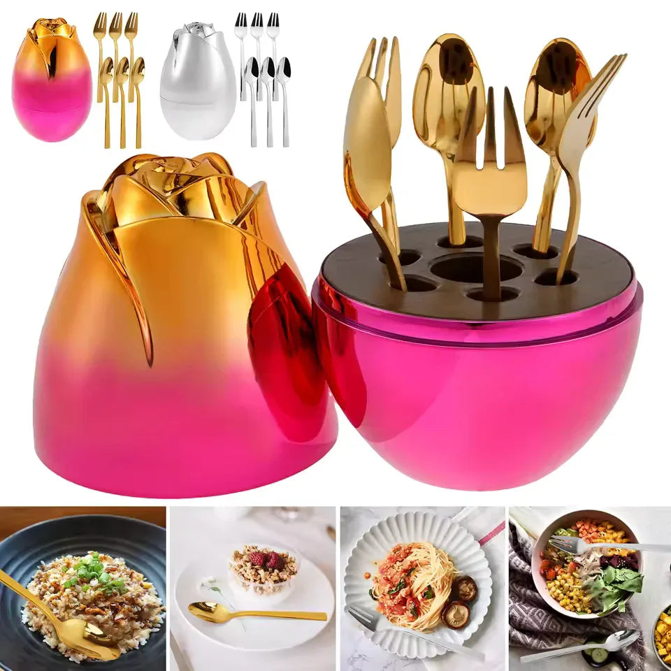 6 Piece Dinnerware Set with Case - Gold Silverware