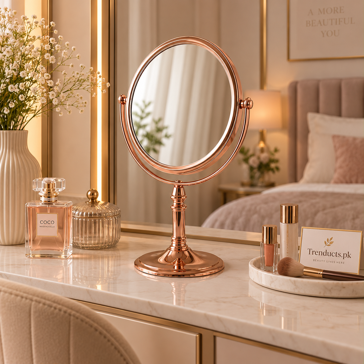 Large Rose-Gold Tabletop Vanity Mirror