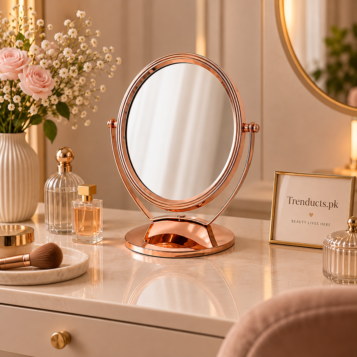 Small Rose-Gold Tabletop Vanity Mirror