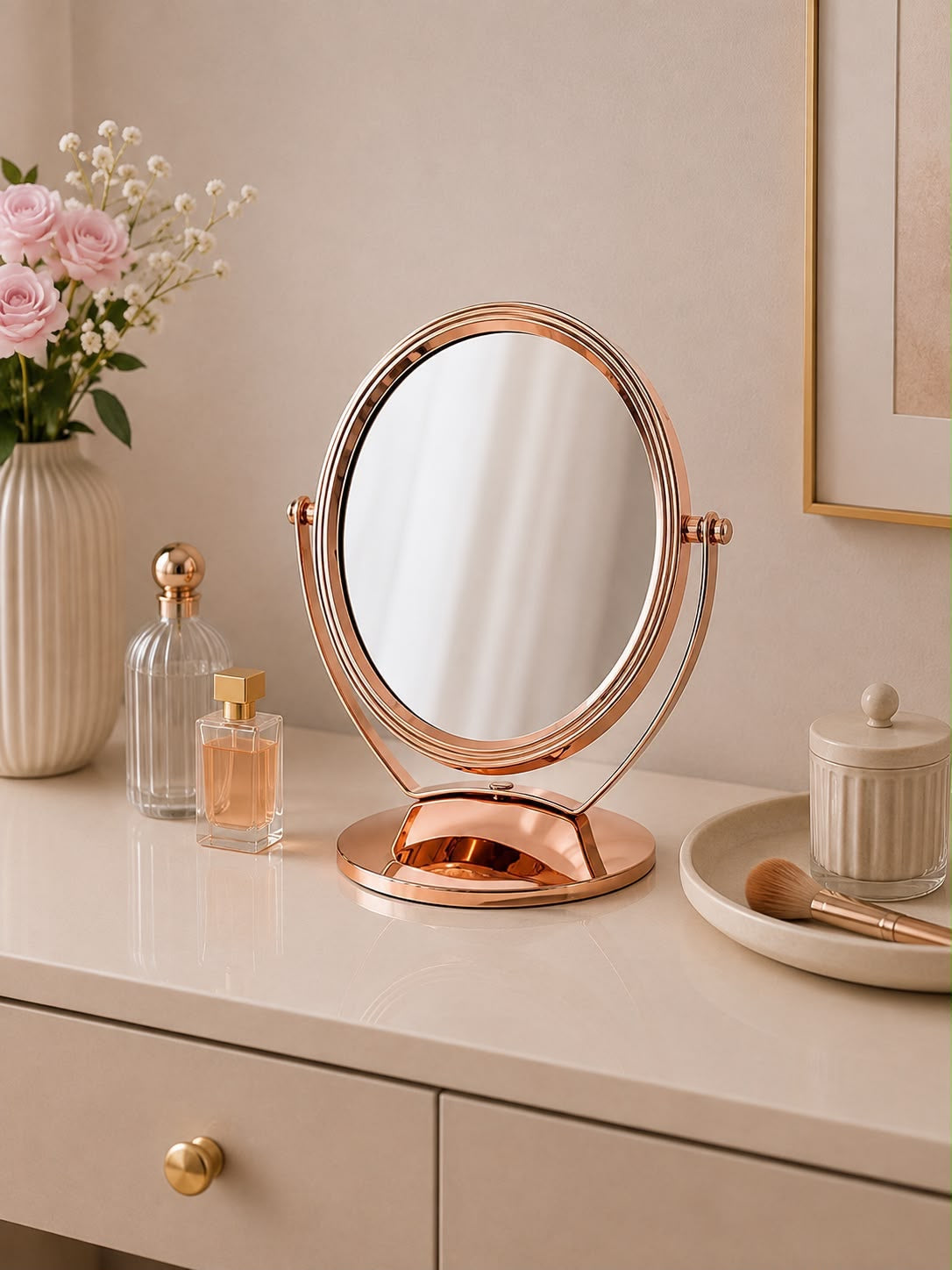 Small Rose-Gold Tabletop Vanity Mirror