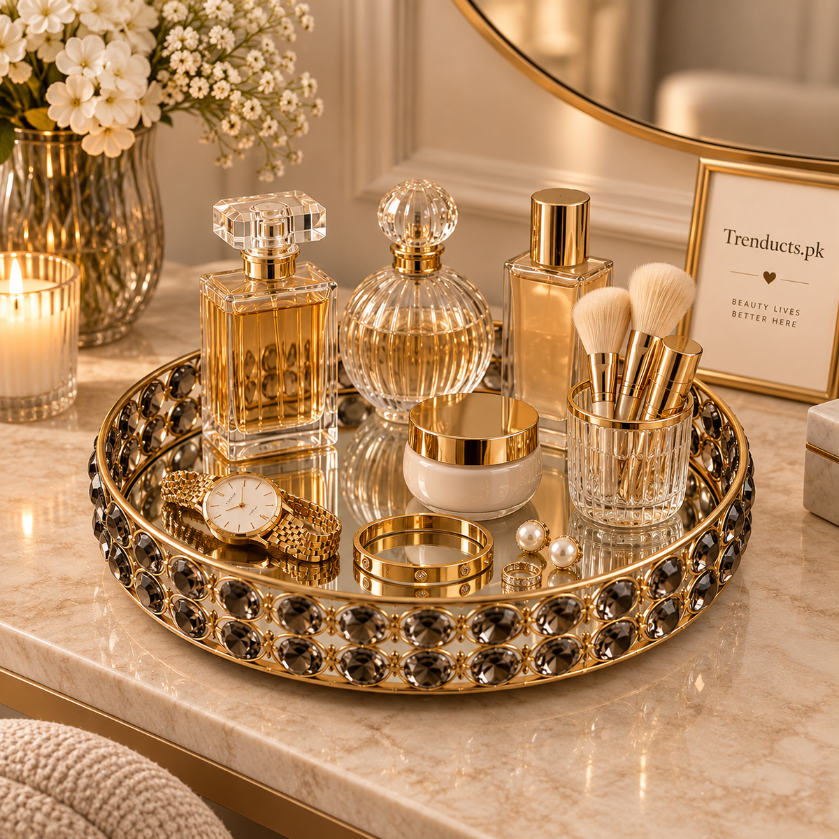 Round Metal & Glass Vanity Tray with Gold Frame
