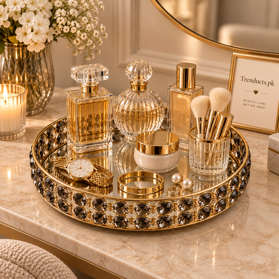 Round Metal & Glass Vanity Tray with Gold Frame
