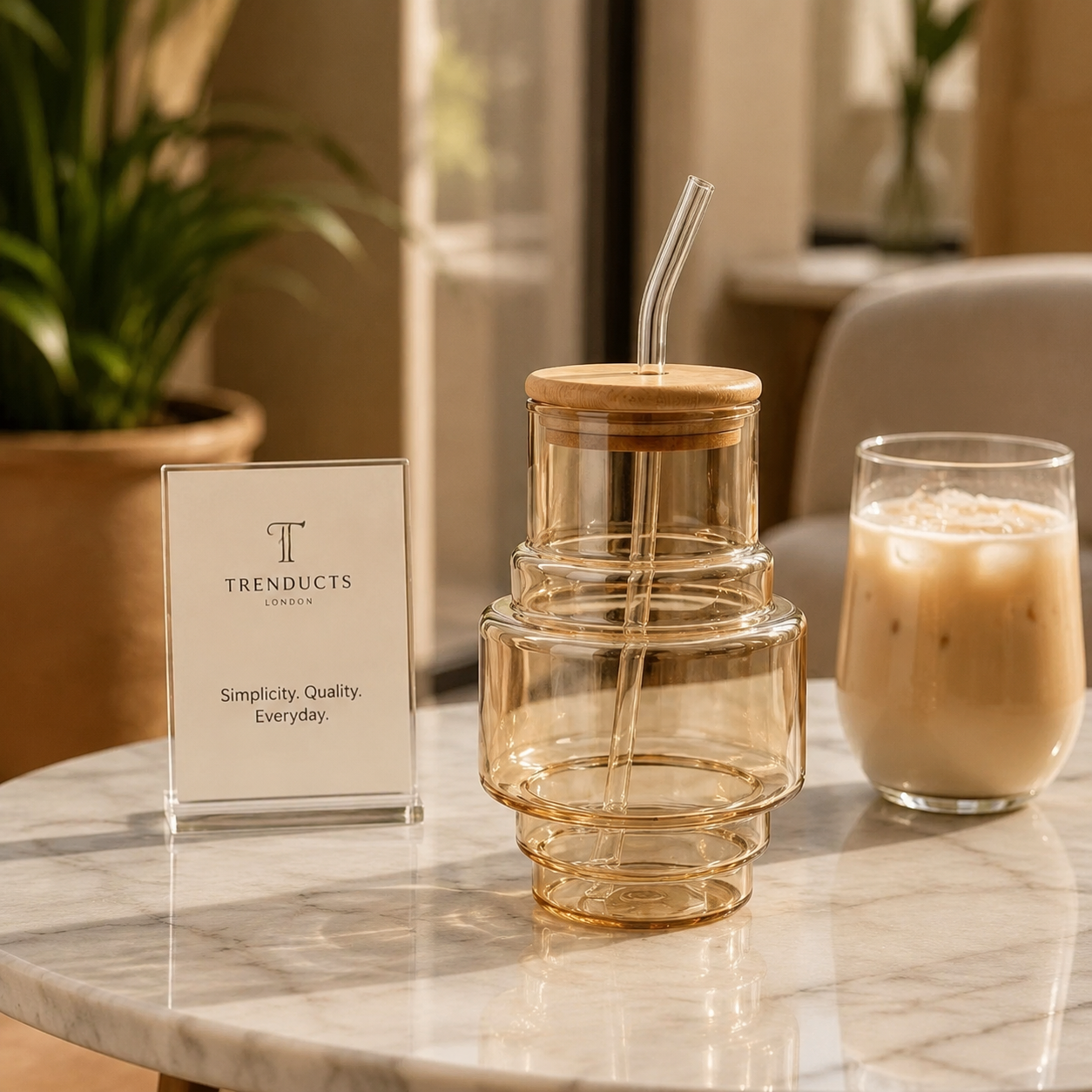 Round Shape Glass Sipper with Wooden Lid & Straw