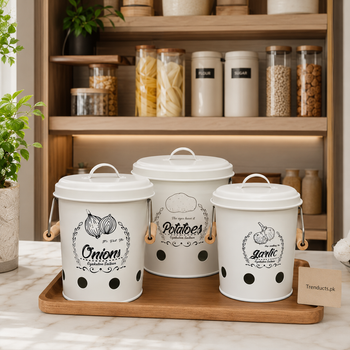 White potato onion and garlic canister set in modern pantry