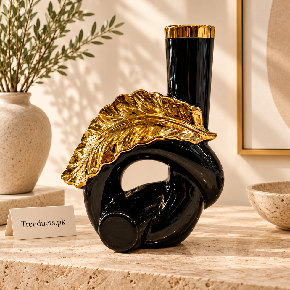 Black Round Ceramic Vase with Gold Leaf