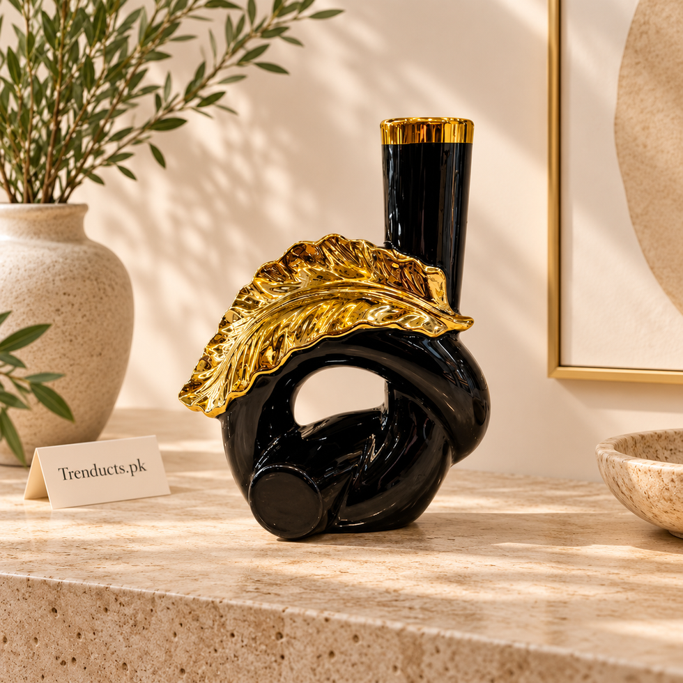 Black Round Ceramic Vase with Gold Leaf